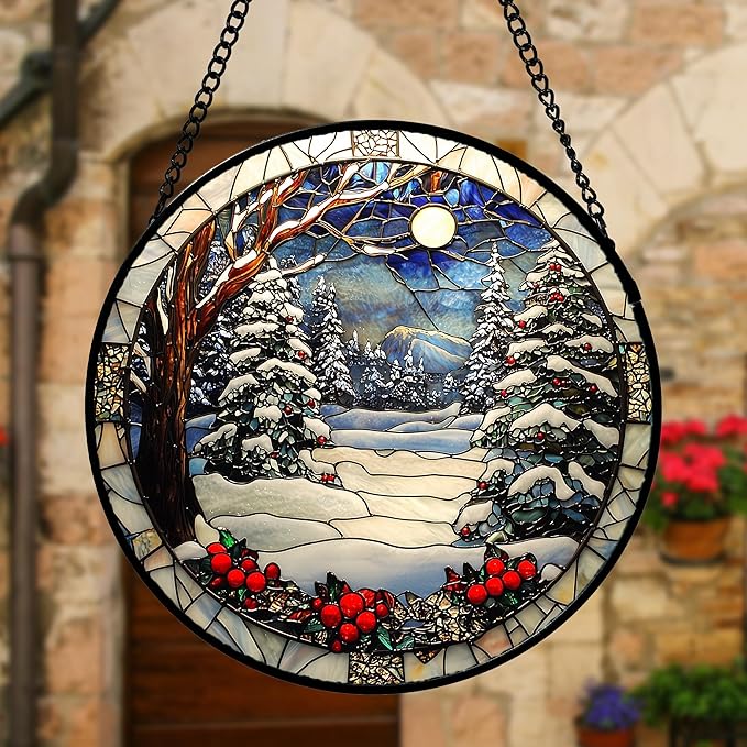 DASTOLL Stained Glass Window Hanging Christmas Tree Winter Snow Night Scenery - Image 5