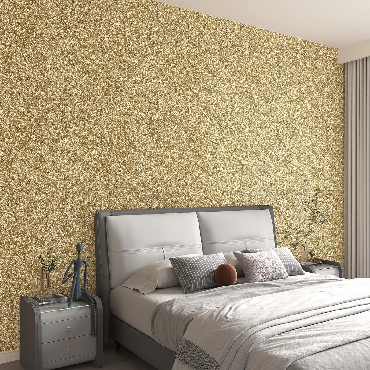354"x17.7" Glitter Wallpaper Stick and Peel for Bedroom Gold Wallpaper Gold Glitter Wall Paper Removable Wall Covering for Bathroom Sparkle Contact Paper for Cabinets Chunky Sequins Vinyl