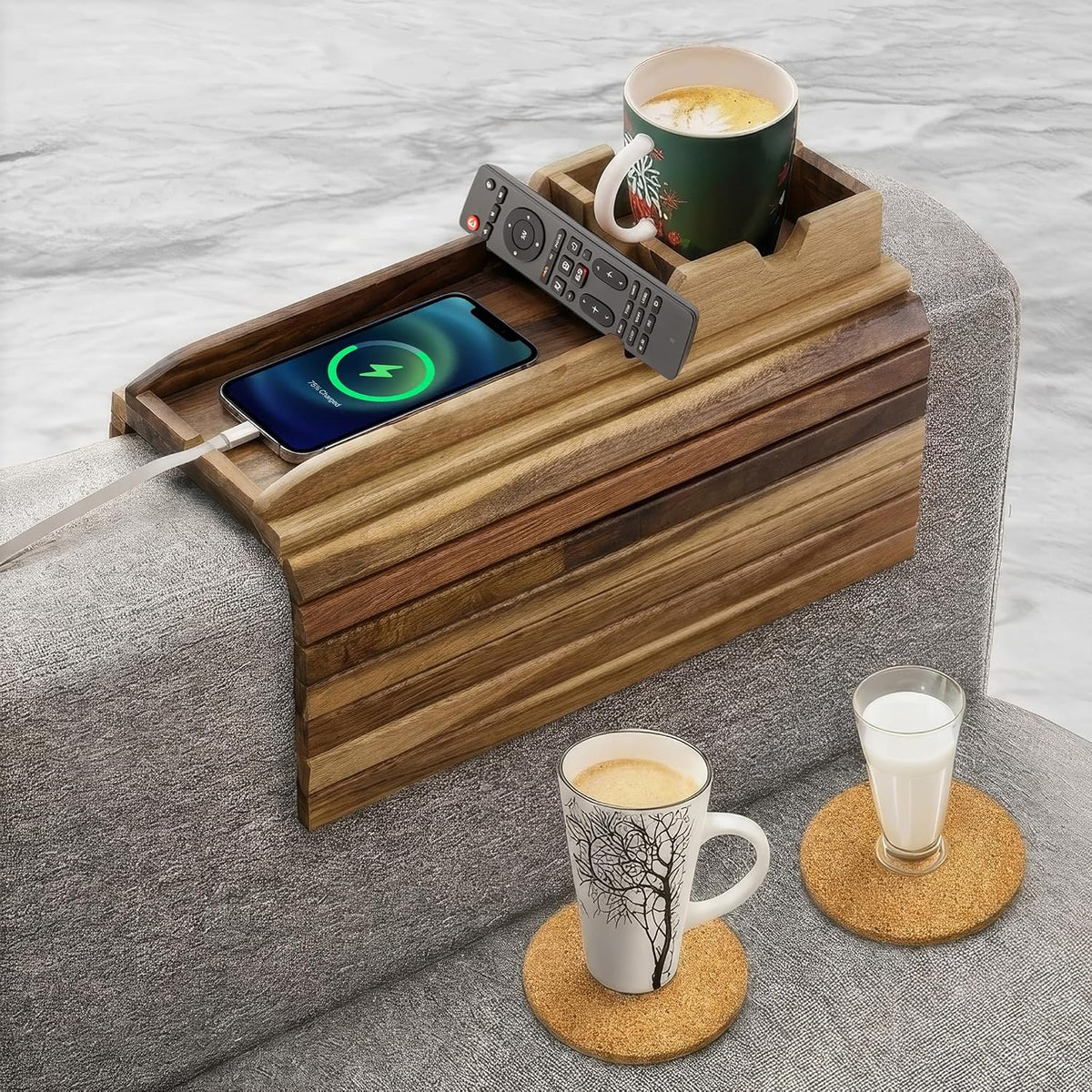 couch cup holder tray with 2 cork coasters, main product view