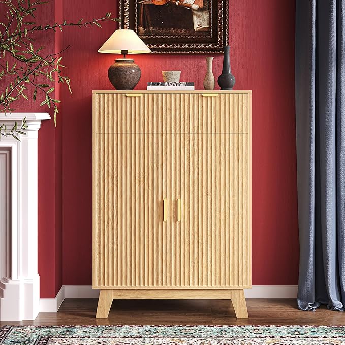 Fluted Shoe Cabinet, 4-Tier Mid Century Modern Narrow Shoe Storage Cabinet by BOXACTION