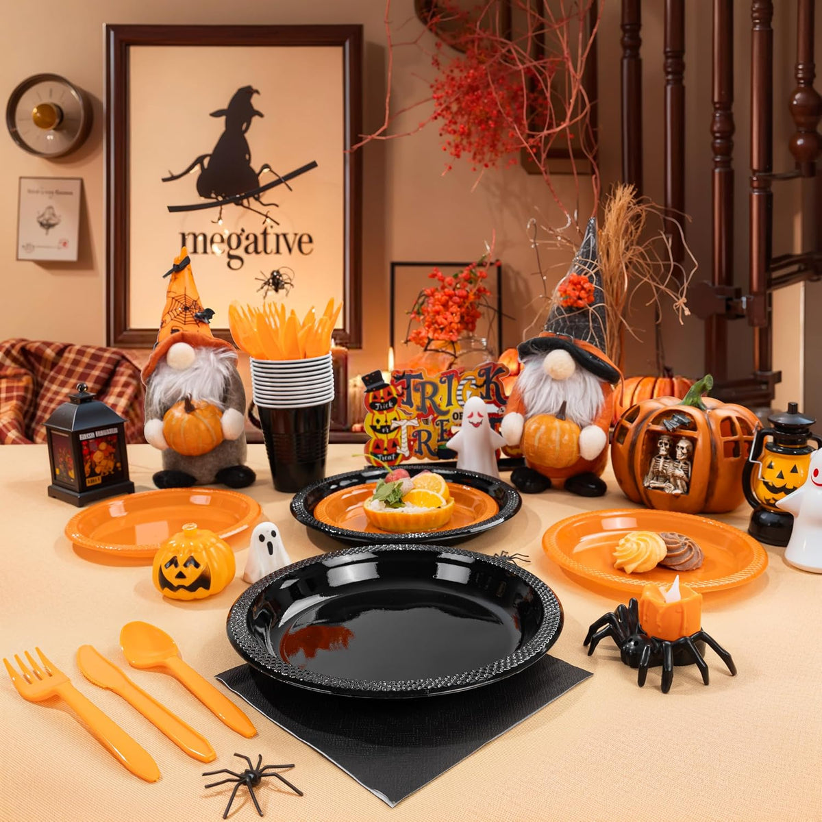 LUODA MirthMood 350PCS black and orange Plastic Plates,Black Disposable Plate...