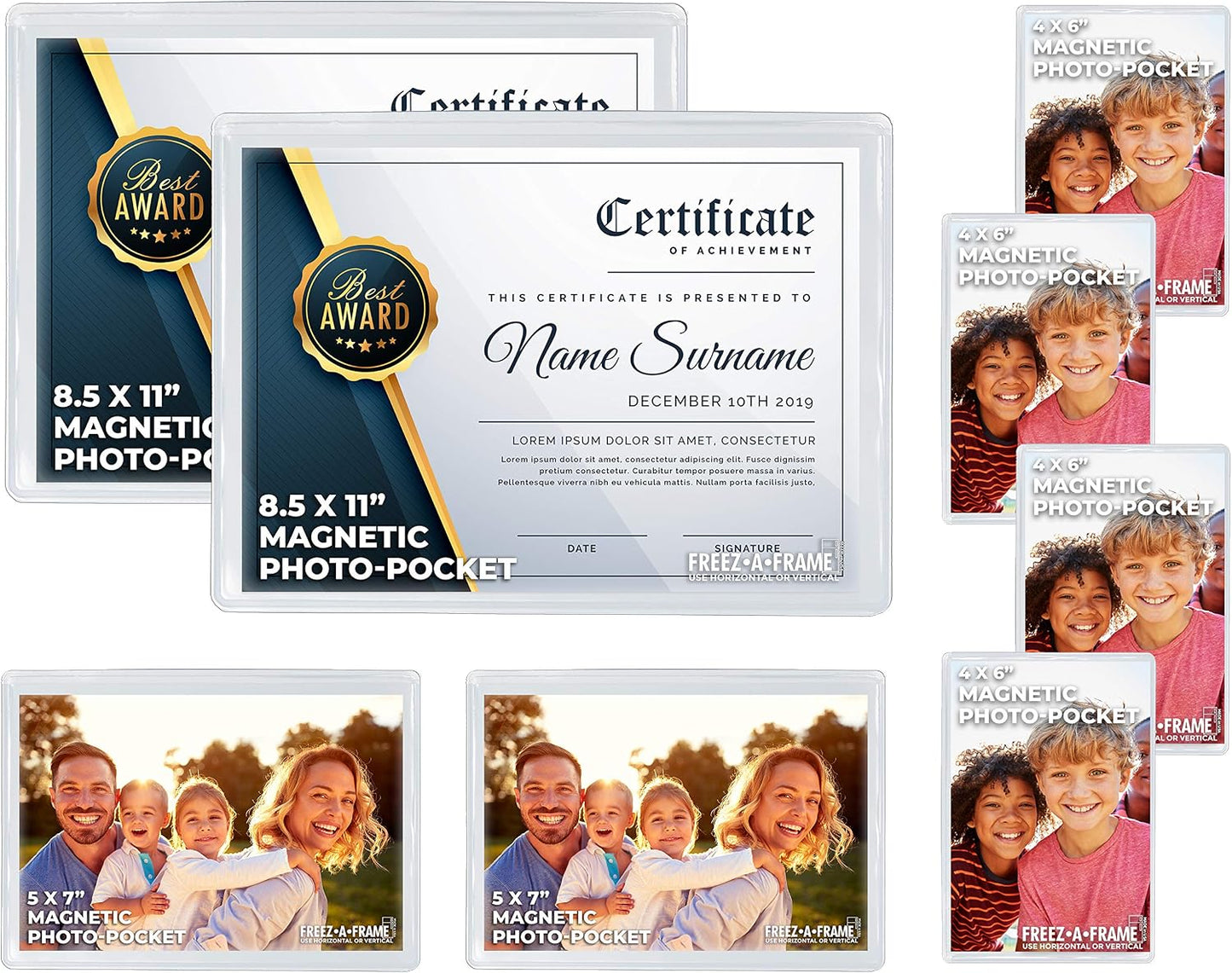 Freez A Frame Clear Magnetic Picture Frames For Refrigerator School Locker, or any Magnetic Surface 8 Pack (2) 8.5 x 11 (2) 5 x 7 (4) 4 x 6 Photo Pockets