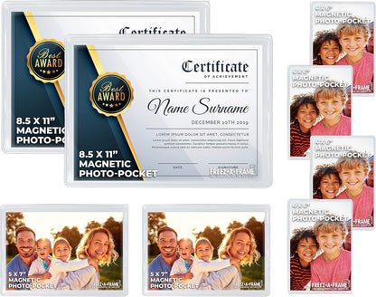 Freez A Frame Clear Magnetic Picture Frames For Refrigerator School Locker, or any Magnetic Surface 8 Pack (2) 8.5 x 11 (2) 5 x 7 (4) 4 x 6 Photo Pockets