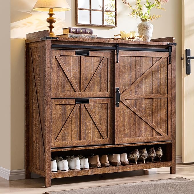OKD Shoe Storage Cabinet with 2 Flip Drawers & Sliding Door, Farmhouse Entryway by OKD