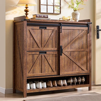OKD Shoe Storage Cabinet with 2 Flip Drawers & Sliding Door, Farmhouse Entryway by OKD