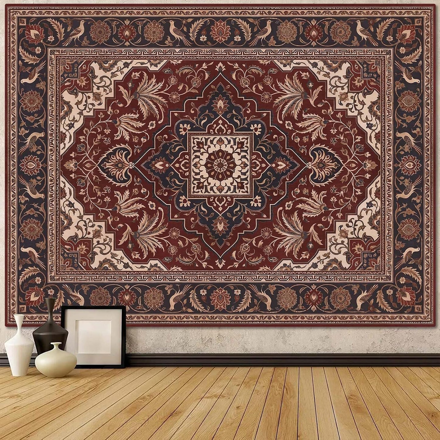 Accnicc Vintage Floral Tapestry Wall Hanging Hippie Indian Bohemian Mandala Tapestry Aesthetic Botanical Bird Red Small Tapestries for Mural Bedroom Living Room Dorm Decor 60 x 44 Inch