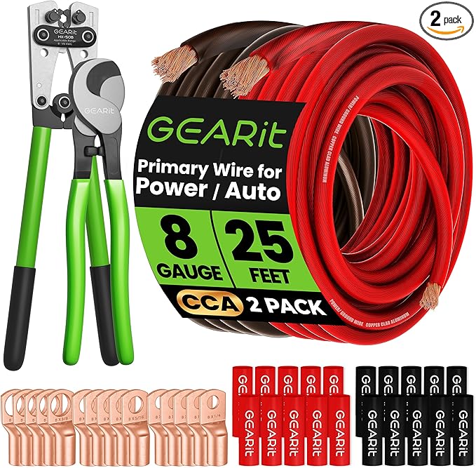 GEARit 8 Gauge Ground Wire Kit, All-in-One Kit: Crimping Tool, 15 Lugs by GEARit