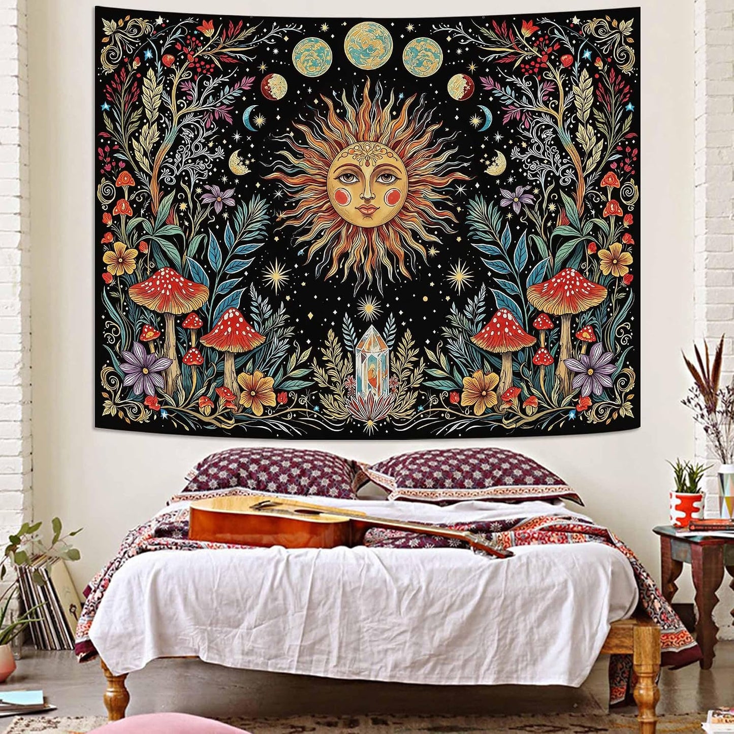 Accnicc Boho Sun and Moon Tapestry Hippie Mushroom Floral Wall Tapestry for Bedroom Aesthetic Vintage Plant Celestial Spiritual Small Tapestries Wall Hanging for Dorm Living Room Decor 48 x 36 Inch