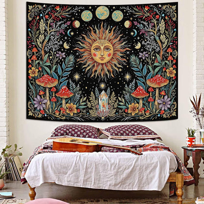 Accnicc Boho Sun and Moon Tapestry Hippie Mushroom Floral Wall Tapestry for Bedroom Aesthetic Vintage Plant Celestial Spiritual Small Tapestries Wall Hanging for Dorm Living Room Decor 48 x 36 Inch