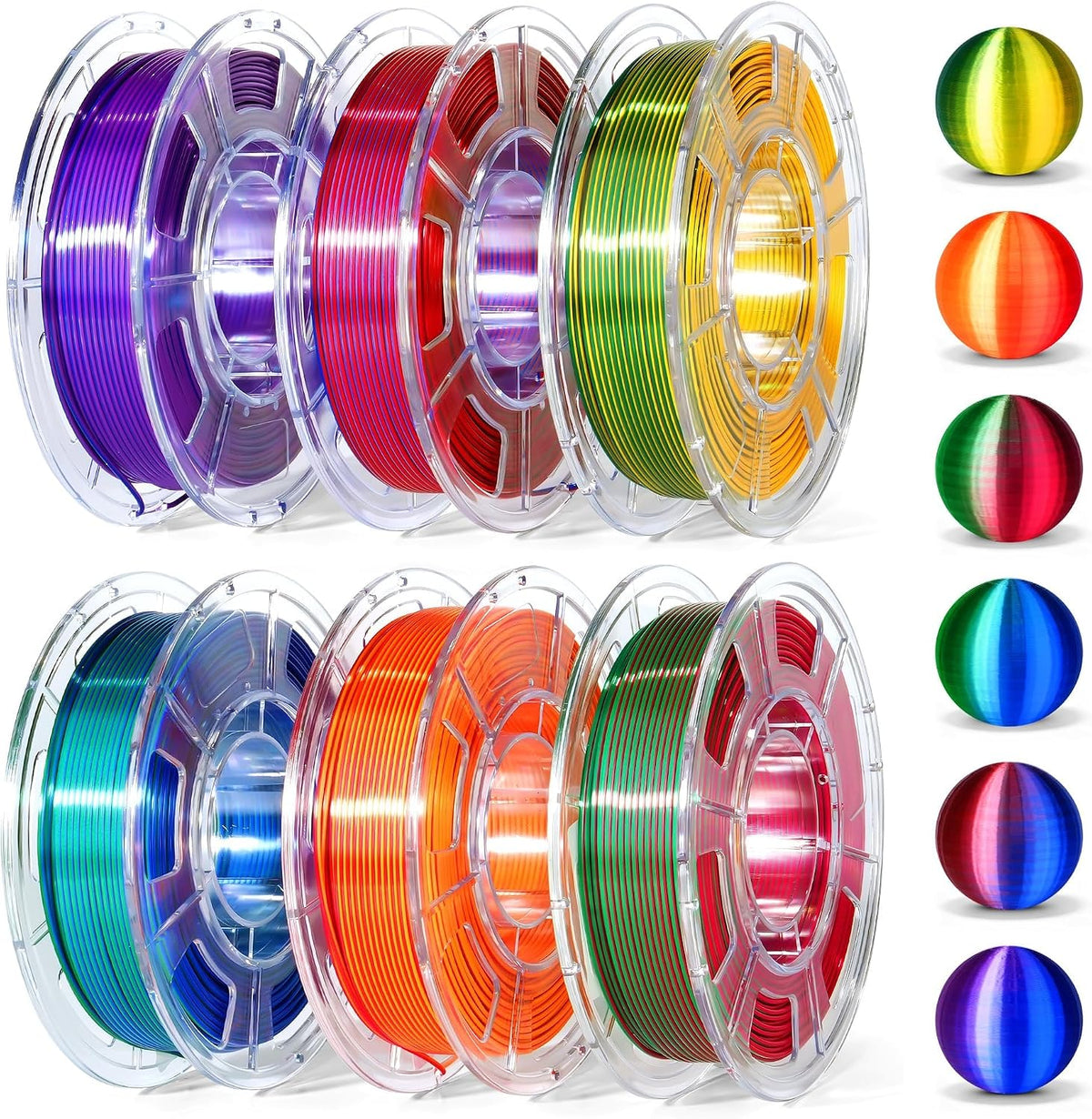Dynta 3D Printer Filament Bundle, Silk PLA 6x250g Shiny Dual Color 1.75mm