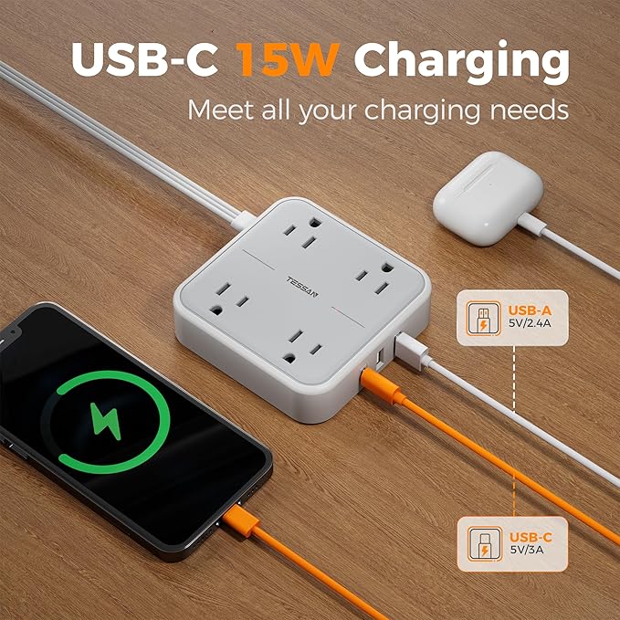 Surge Protector Long Extension Cord 25FT, TESSAN Flat Plug Power Strip - Image 4
