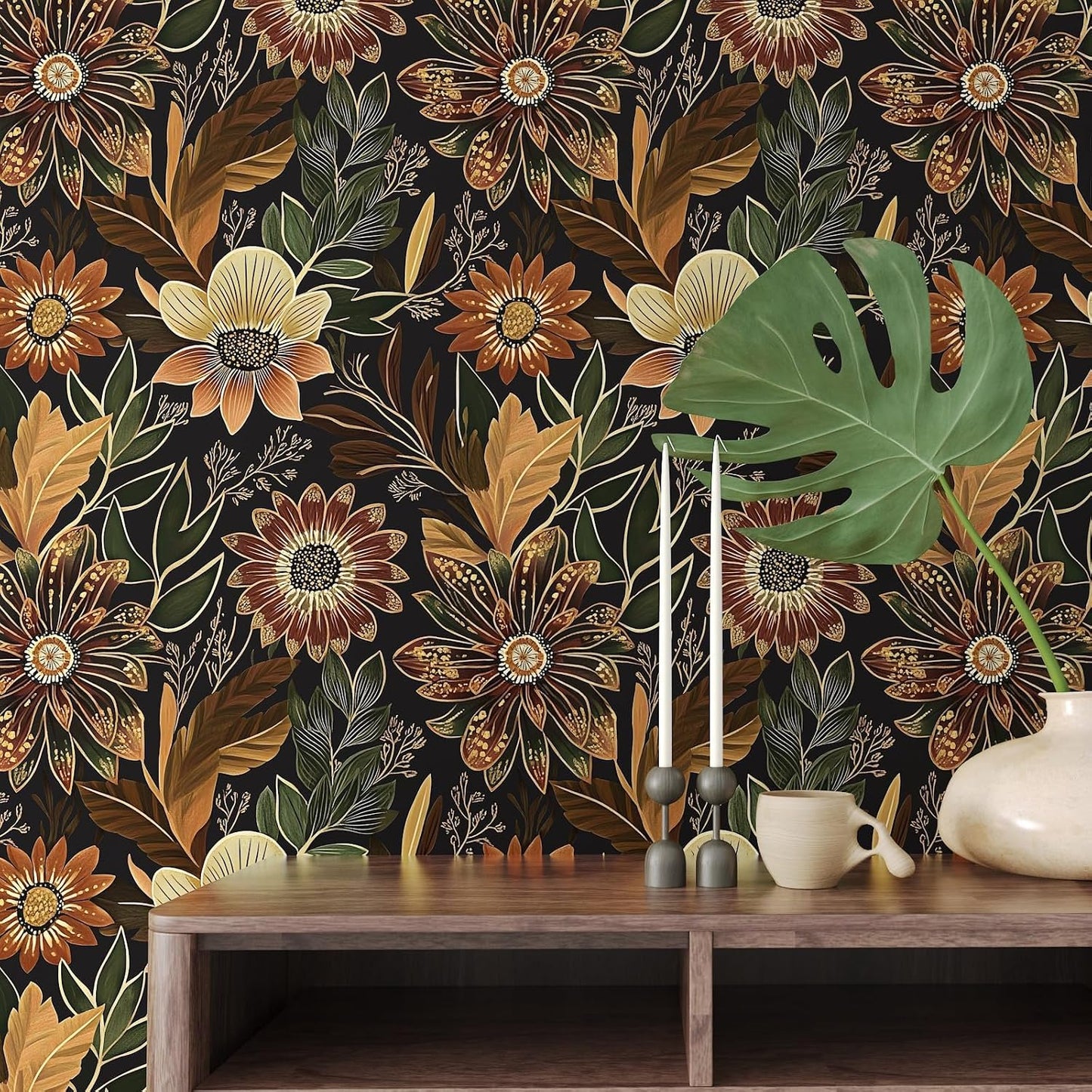 Boho Dark Black Gold Floral Wallpaper Peel and Stick 17.5"x393" | Self Adhesive/Removable/Waterproof/Thick Vinyl Contact Paper for Bathroom Bedroom Shelf Cabinet Drawer,Prepasted,Easy Peel