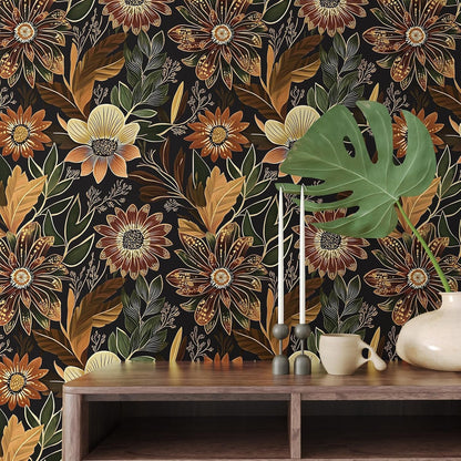 Boho Dark Black Gold Floral Wallpaper Peel and Stick 17.5"x393" | Self Adhesive/Removable/Waterproof/Thick Vinyl Contact Paper for Bathroom Bedroom Shelf Cabinet Drawer,Prepasted,Easy Peel