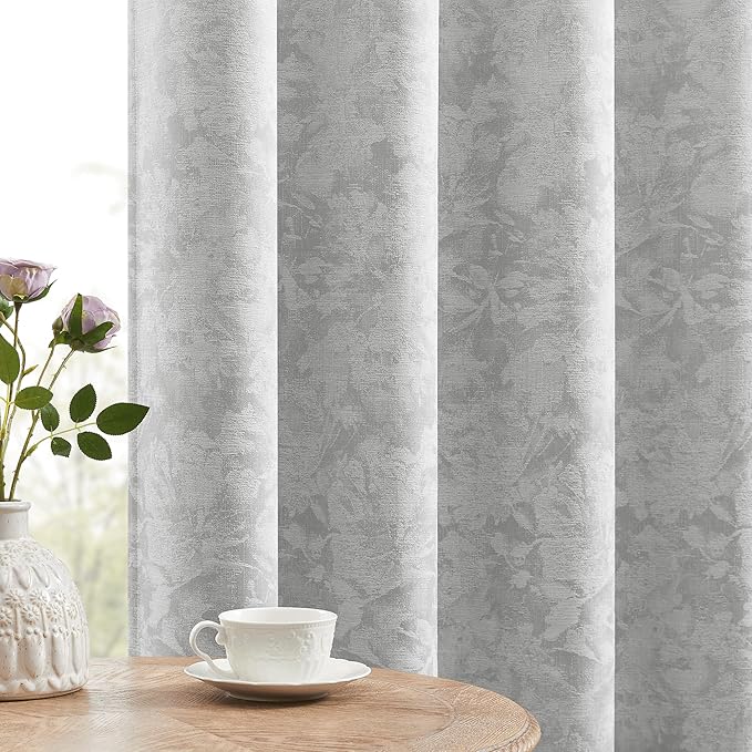 Beauoop Grey Floral Jacquard Blackout Curtains 63 Inches Long 2 Panels by Beauoop