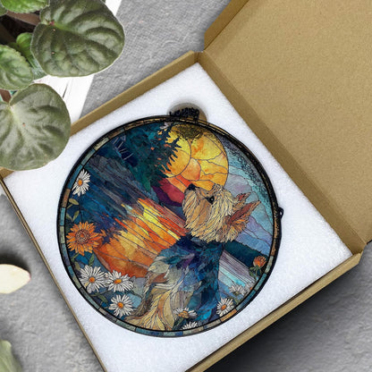 Yorkshire Flower Suncatcher Stained Glass Window Hanging, Yorkshire Gifts Sun Catchers Indoor Window Glass Wall Art Decor, Dog Round Wall Hanging Decorations, 7.9x7.9 inch