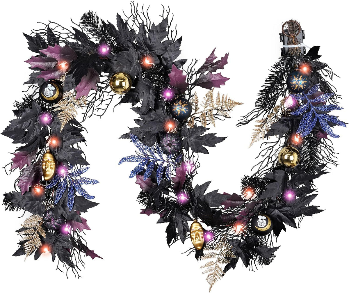 DecorbyHannah 6ft Halloween Garland for Mantle with Lights Black Leaf Decor