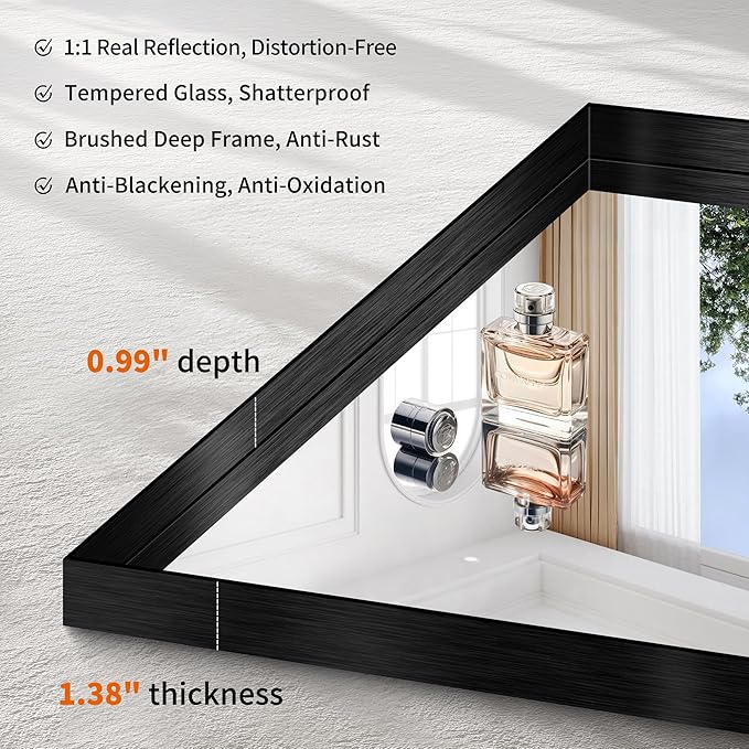 CIRCUMI Black Bathroom Mirror, Brushed Finish, Tempered Glass, Mirror - Image 3