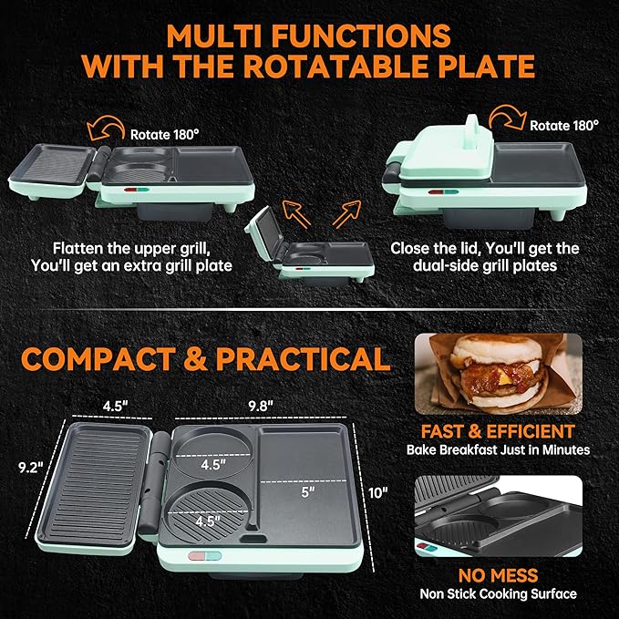 Baker's Friend Breakfast Sandwich Maker, Nonstick Electric Griddle & Grill Combo - Image 4