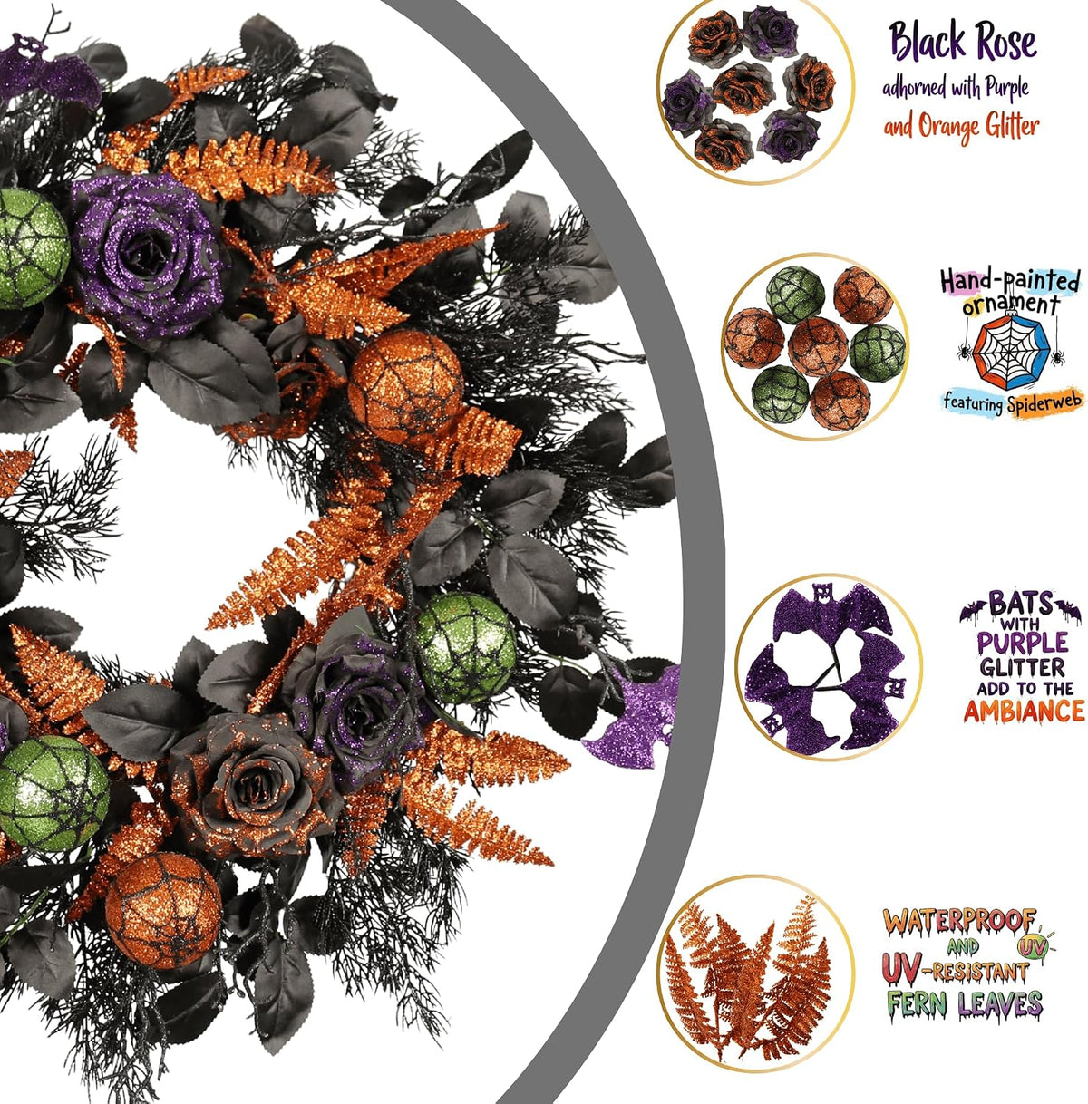 22 Inch Halloween Wreath for Front Door, Spooky Black & Purple Glitter Ro...