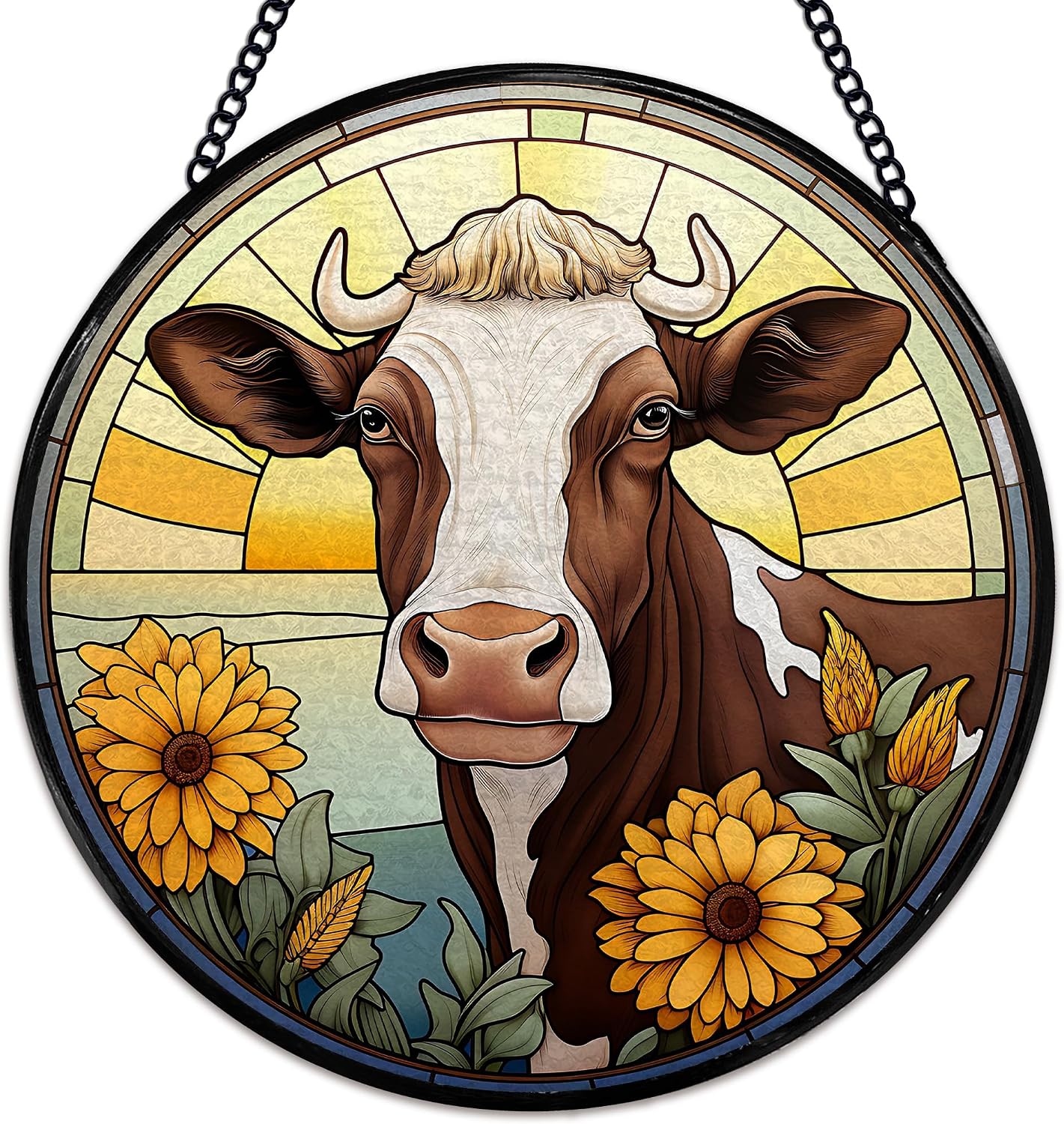 Cow Flower Suncatcher Stained Glass Window Hanging, Cow Lovers Gifts Sun Catchers Indoor Window Glass Wall Art Decor, Rustic Farm Animal Round Wall Hanging Decorations, 7.9x7.9 inch
