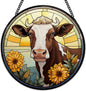 Cow Flower Suncatcher Stained Glass Window Hanging, Cow Lovers Gifts Sun Catchers Indoor Window Glass Wall Art Decor, Rustic Farm Animal Round Wall Hanging Decorations, 7.9x7.9 inch