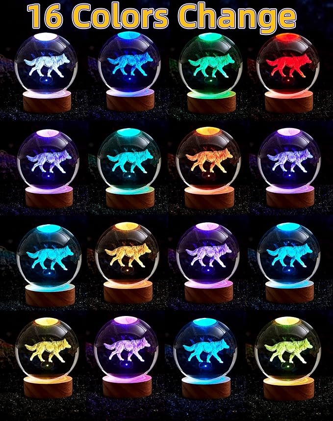 3D Crystal Ball Lamp with Lifelike Wolf, 16 Color Changing Light, Dimmable - Image 2