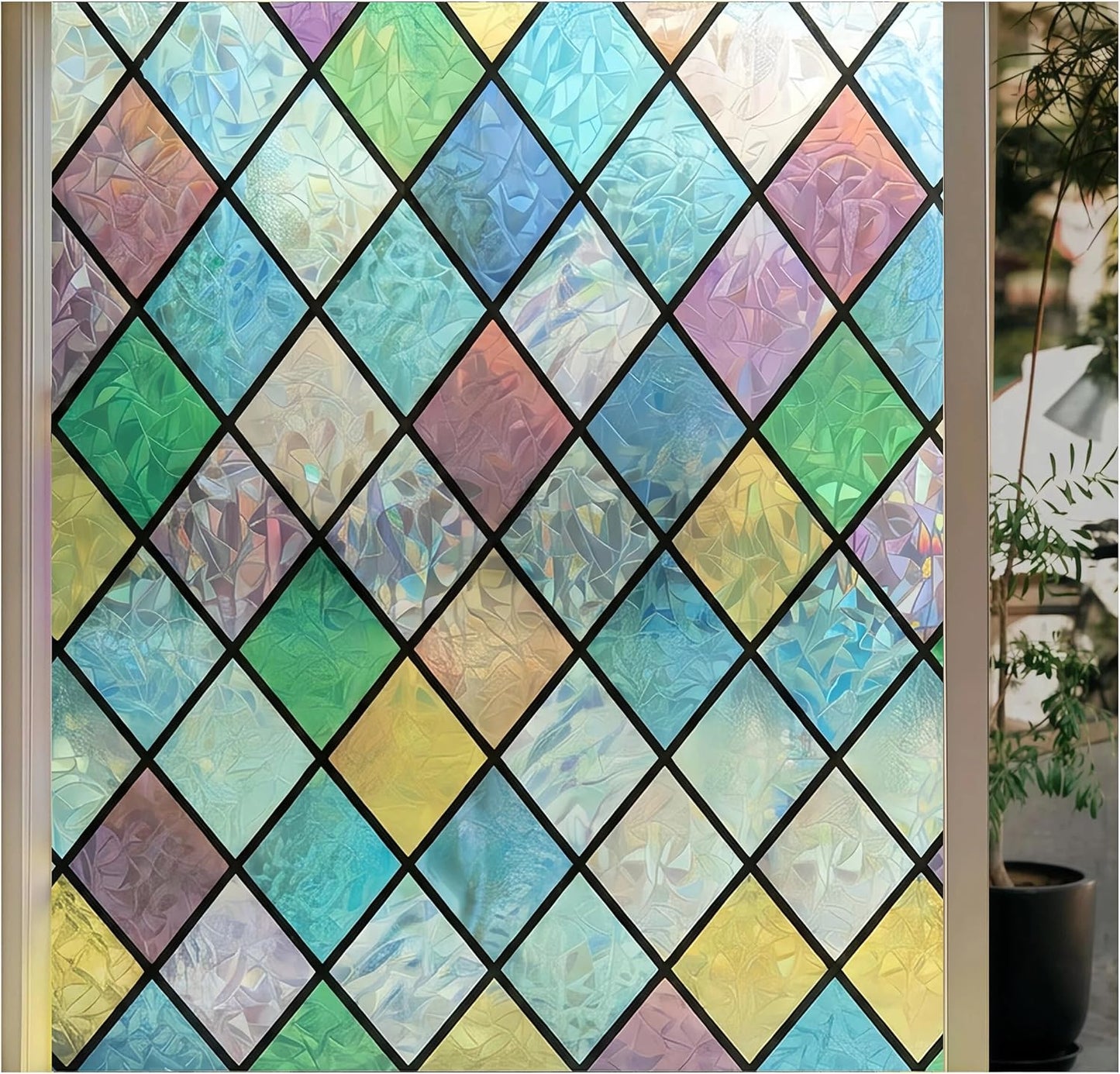Stained Glass Window Film, Colorful Geometric Diamond, 17.5"x 78.7" | Blocks Clear View, Casts Soft Rainbow Light | Static Cling, No Glue, Residue-Free | UV Blocking, Reusable | For Home & Office