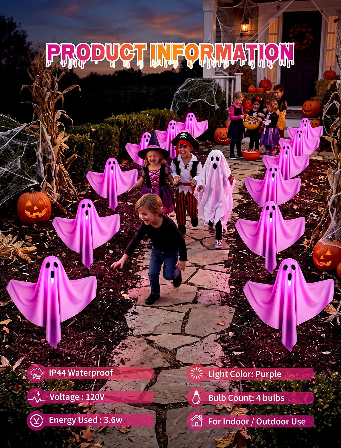 11.5Ft Halloween Light up Outdoor Ghost Pathway Lights, 4PK Purple Lights
