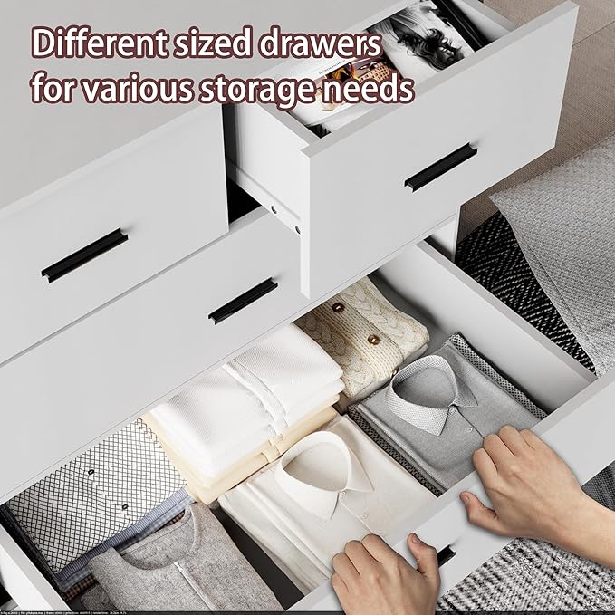 Dresser with Power Outlets Wooden 6 Drawer Dresser with Large Organizer White - Image 8
