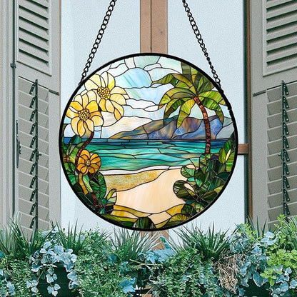 DASTOLL Stained Glass Window Hanging 4 Pcs Set Blue Ocean Coconut Tree Scenery - Image 3
