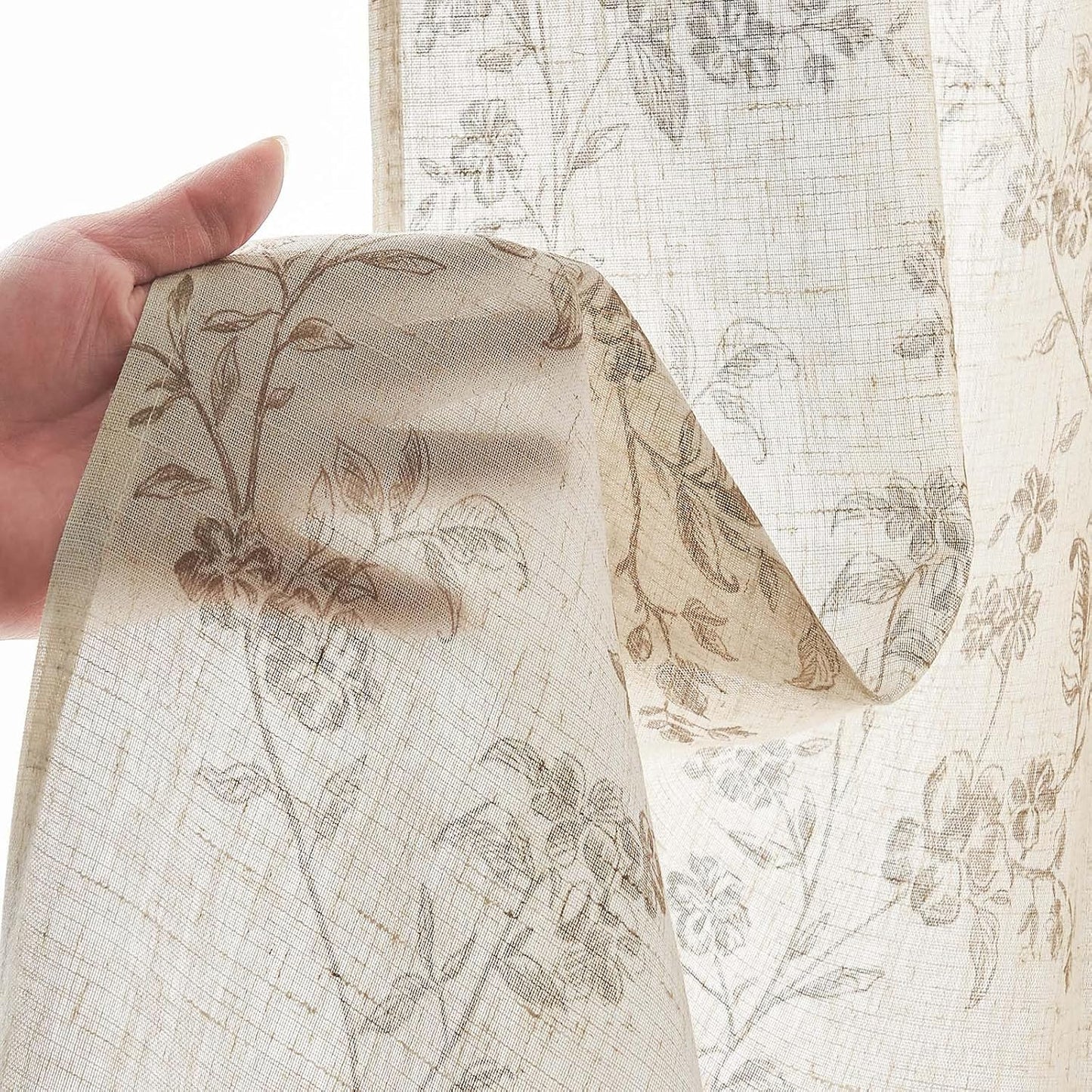 jinchan Floral Kitchen Curtains Set 24 Inch Length Farmhouse Linen Cafe Curtains and Valance Set for Living Room Bathroom Small Window Treatments Rod Pocket 3 Panels Taupe on Linen