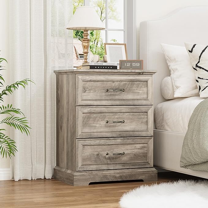 Nightstand with 3 Large Drawers, Rustic Farmhouse Wood Small Dresser, Bedside by Thacuok