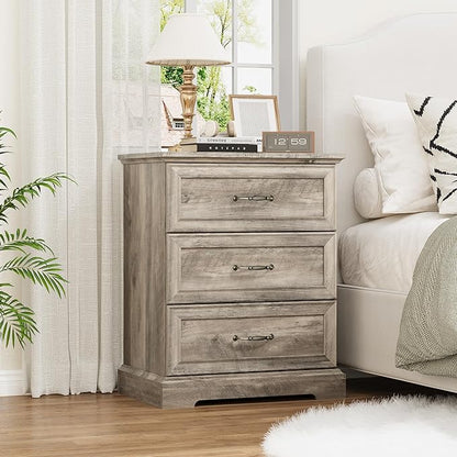 Nightstand with 3 Large Drawers, Rustic Farmhouse Wood Small Dresser, Bedside by Thacuok
