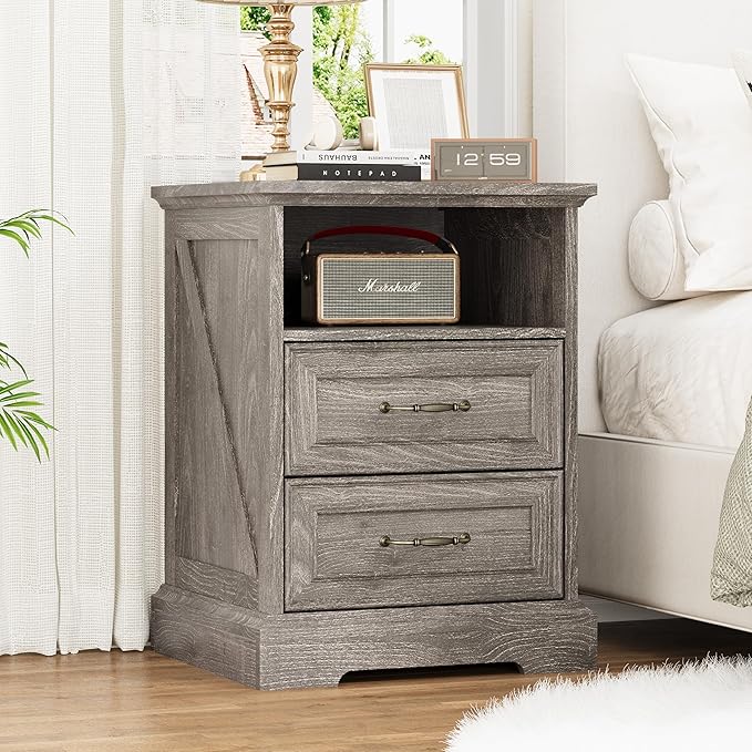 Nightstand with Charging Station, Rustic Farmhouse Wood Small Dresser, Bedside by Thacuok