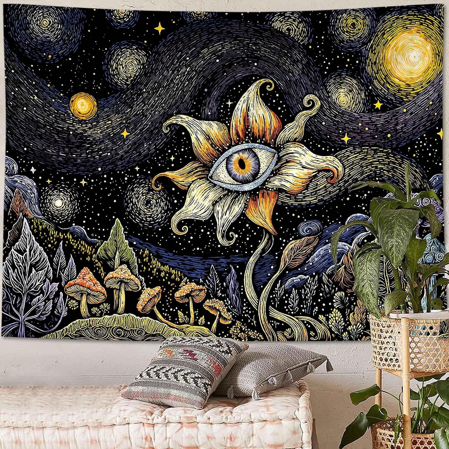 Yeoiat Tapestry Cosmic Flower Tapestries Mushroom Landscape Wall Hanging Starry Night Visionary Botanical Art Decor Bedroom Dormitory 48"x36"