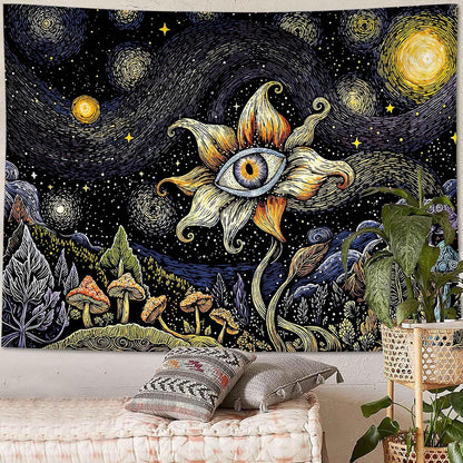Yeoiat Tapestry Cosmic Flower Tapestries Mushroom Landscape Wall Hanging Starry Night Visionary Botanical Art Decor Bedroom Dormitory 48"x36"