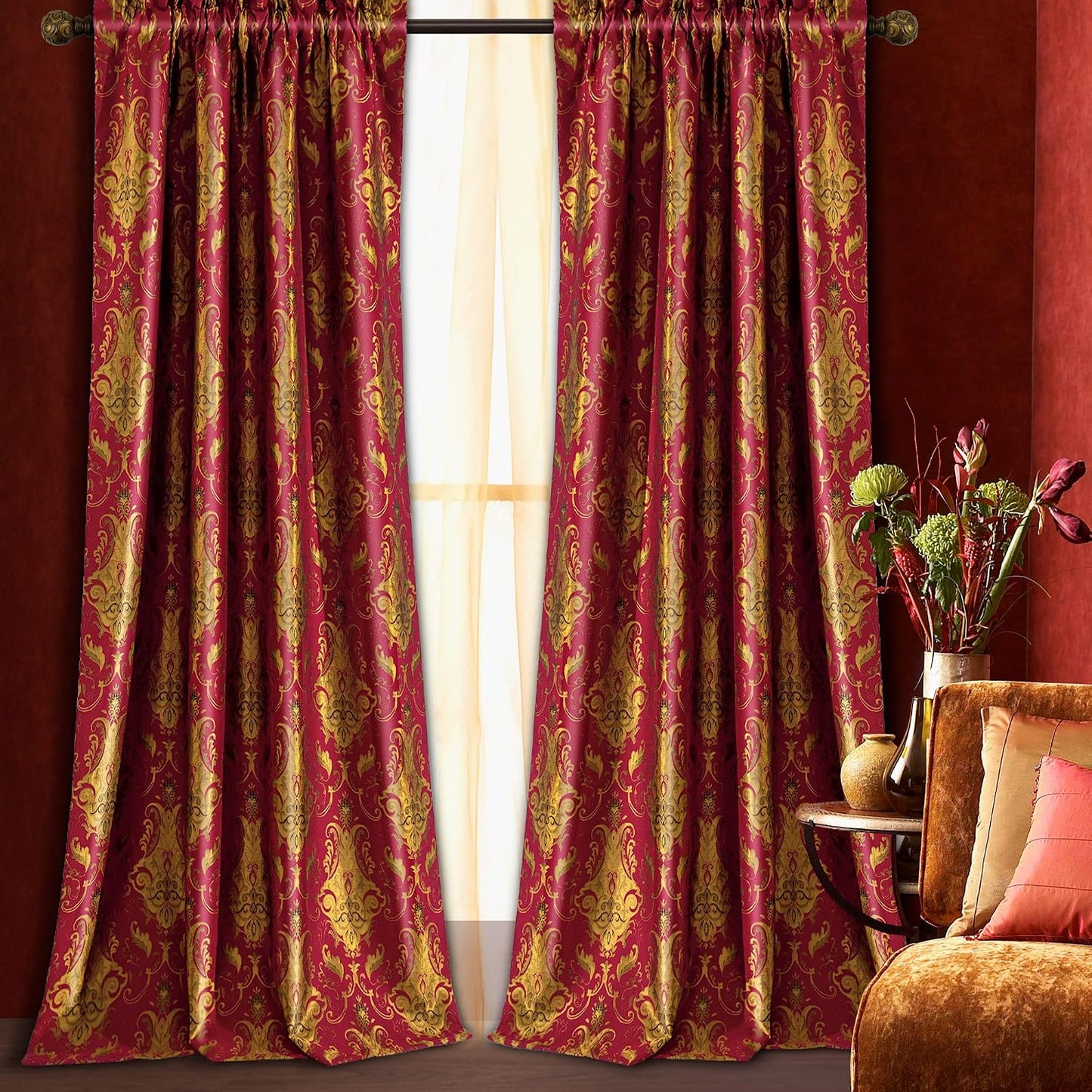 Loom and Mill Luxury Red Damask Curtains for Bedroom, 2 Panels, 52"W x 96"L | Textured Lined Jacquard Curtain Panels with Tiebacks, Window Curtain for Living Room Banquet Christmas Decoration, Rod Pocket