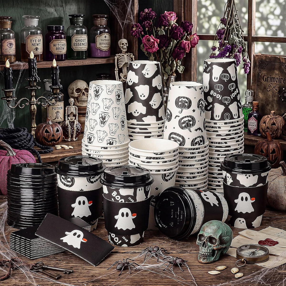 Suclain 100 Sets Halloween Disposable Coffee Cups with Lids & Sleeves, 12...