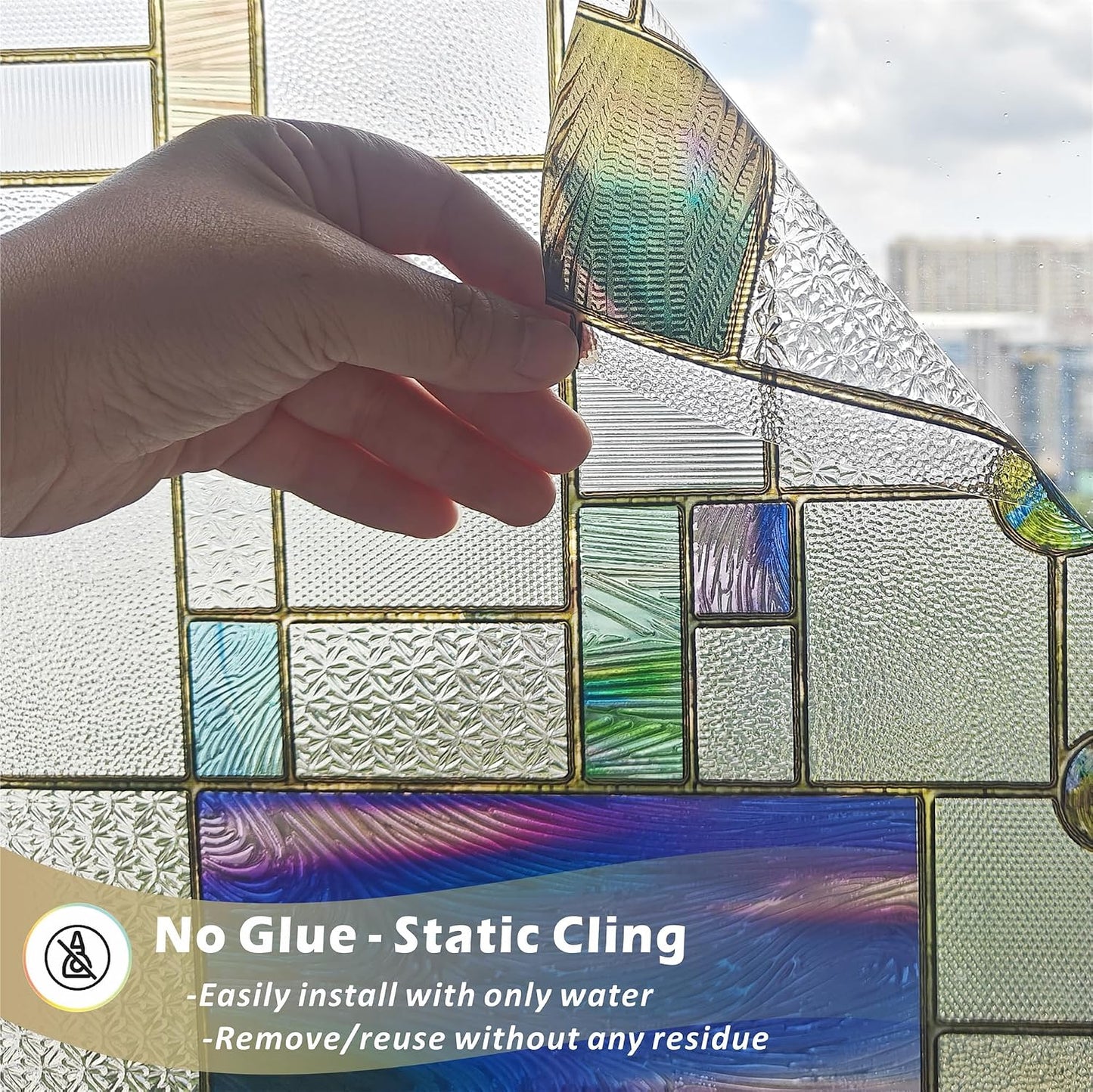 Stained Glass Window Film,16.9" x 78.7" 3D Decorative Static Cling Window Privacy Film,Non-Adhesive UV Blocking Heat Control Window Film (Simple Squares)