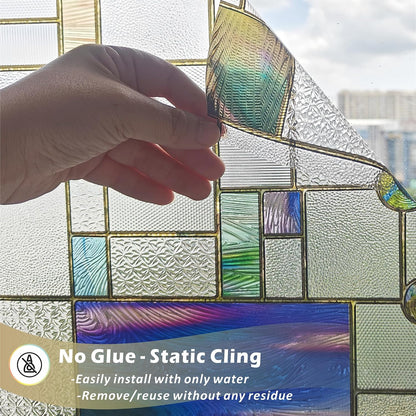 Stained Glass Window Film,16.9" x 78.7" 3D Decorative Static Cling Window Privacy Film,Non-Adhesive UV Blocking Heat Control Window Film (Simple Squares)