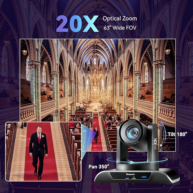 Tenveo 4K NDI PTZ Camera AI Humanoid & Face Auto-Tracking, HDMI/LAN/USB3.0 PoE - Image 6