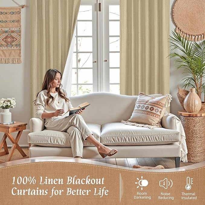 LAMIT Natural 100% Blackout Linen Curtains, 45 Inches Linen Textured Thermal - Image 2