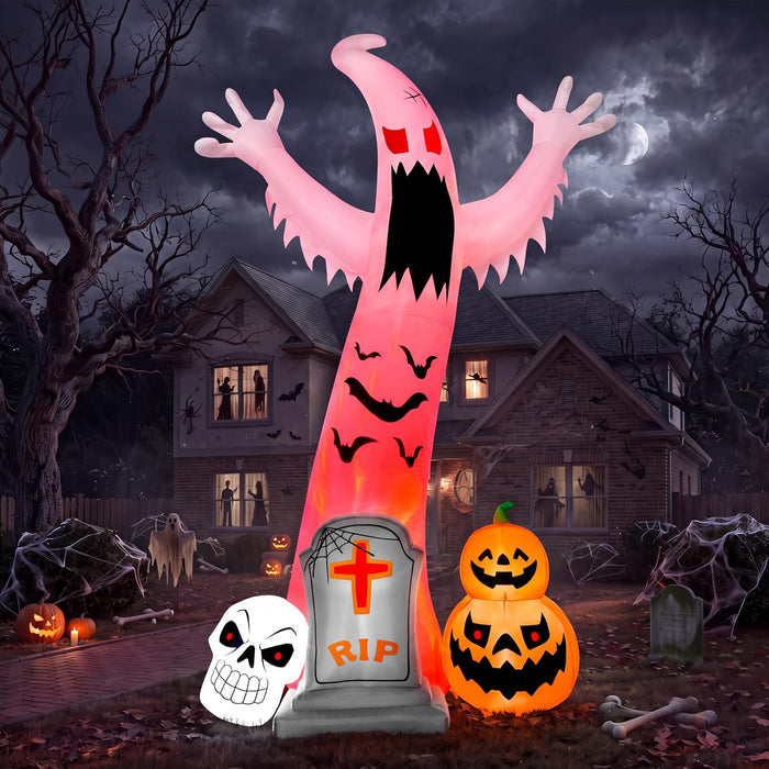 Joiedomi 12FT Giant Halloween Inflatables Spooky Ghost with Skull Tombstone & Pumpkins Outdoor Decoration, Halloween Blow Up Yard Decorations with Rotating Colorful LED Lights for Lawn Garden Decor