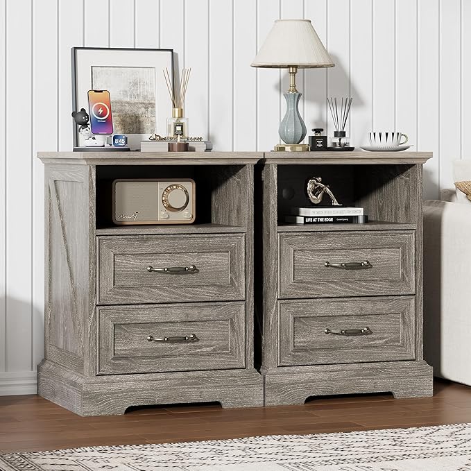 Nightstand with Charging Station, Rustic Farmhouse Wood Small Dresser, Bedside - Image 6