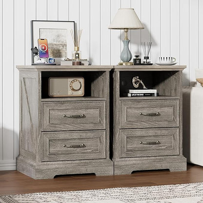 Nightstand with Charging Station, Rustic Farmhouse Wood Small Dresser, Bedside - Image 6