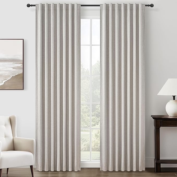 Pleat Linen Blend Room Darkening Curtains 84 Inch Length 2 Panels Set by QJMYDECO