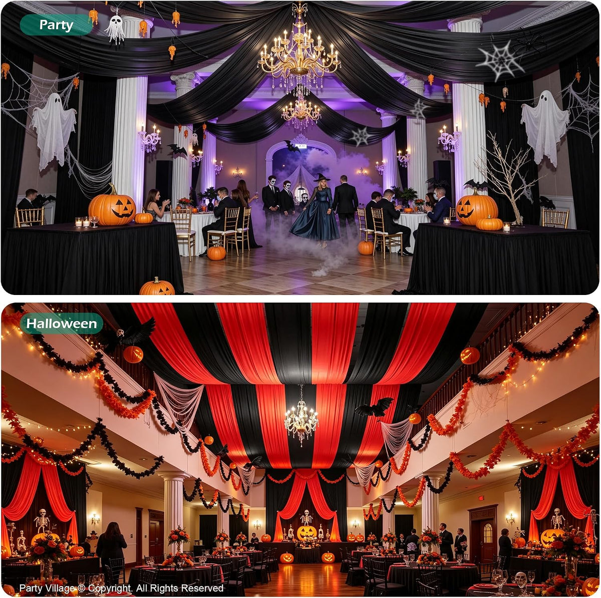 8 Panels 5ft(W) x 20ft(L) Black Ceiling Drapes for Halloween Parties