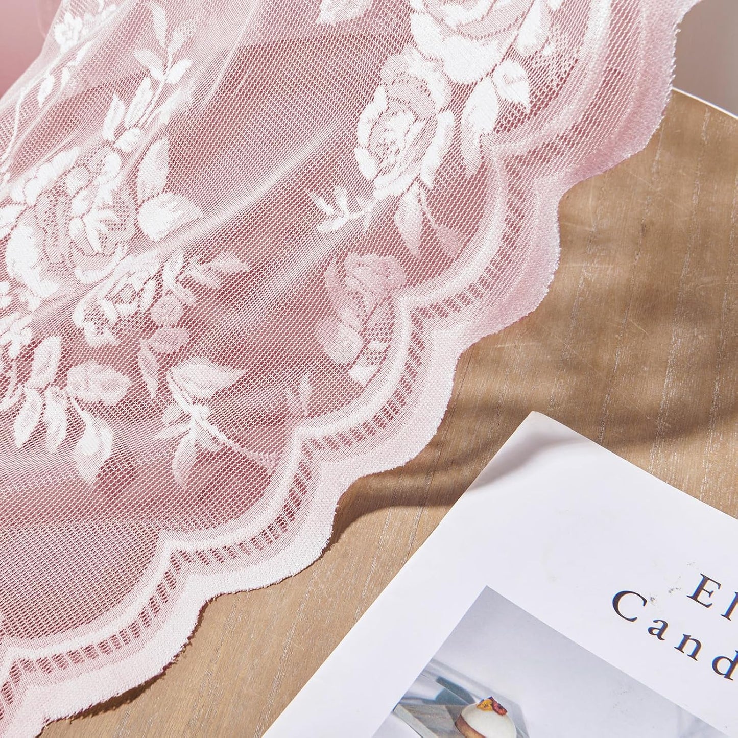 Baby Pink Lace Curtains 72 Inch Length 2 Panels Set - Romantic Flower Sheer for Living Room Bedroom Decor - Rod Pocket Light Filtering Window Panels for Kids Girls Nursery Room, 52x72