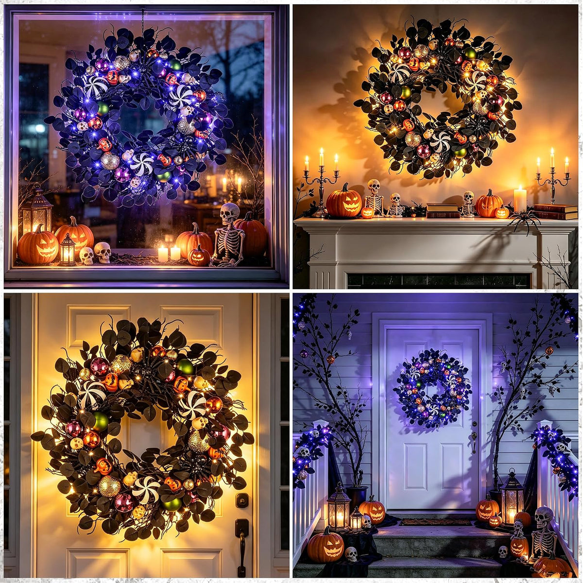 JORNOY 26-Inch Halloween Wreath with Battery Timer - Spider, Balls, Skull