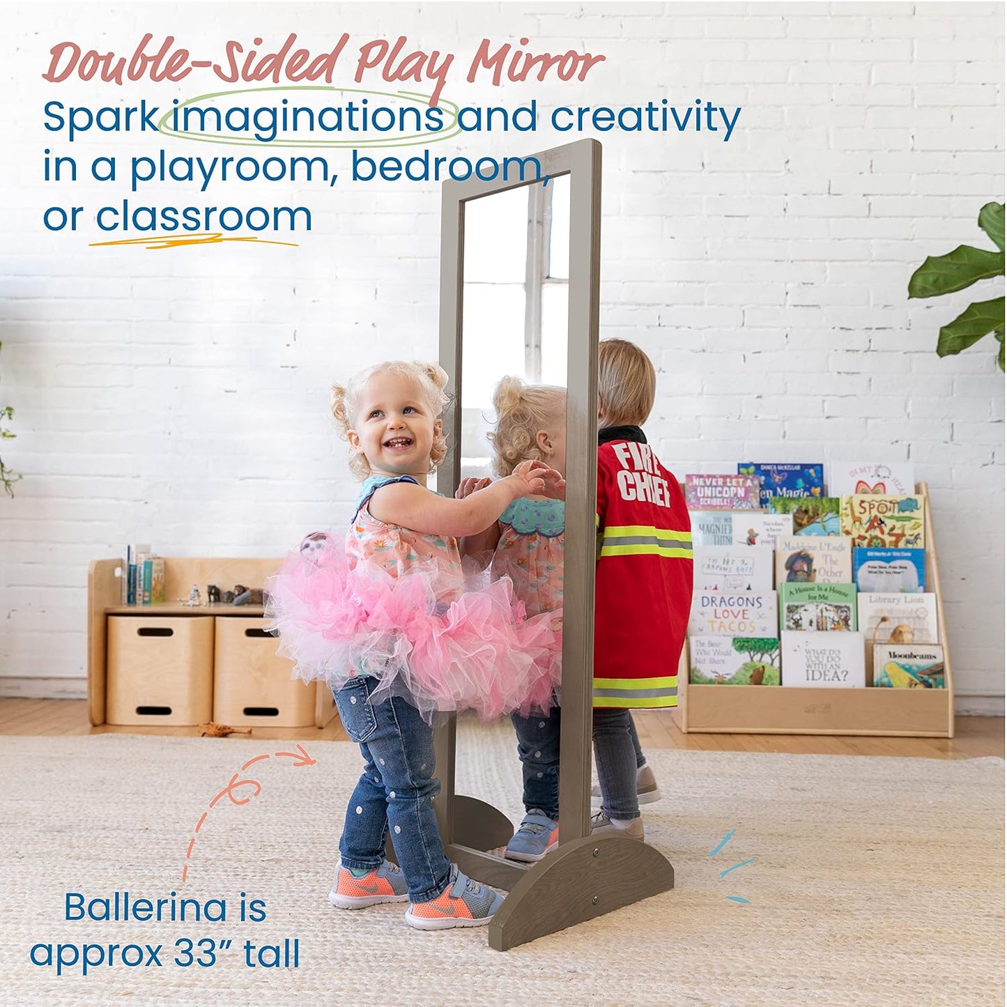 ECR4Kids Double-Sided Wooden Bi-Directional Mirror, Montessori, Grey Wash | Durable birch, GREENGUARD Gold Certified, shatter-resistant mirror, anti-tip feet, vertical & horizontal use, classroom/home